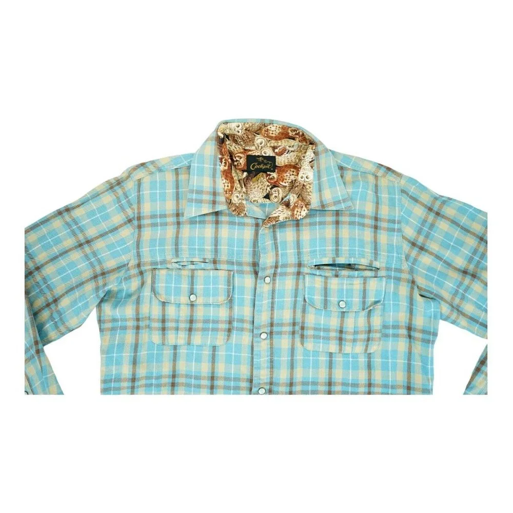 Cockpit USA Plaid Shirt Mens‎ Large L Blue Plaid Button Up Owl Print